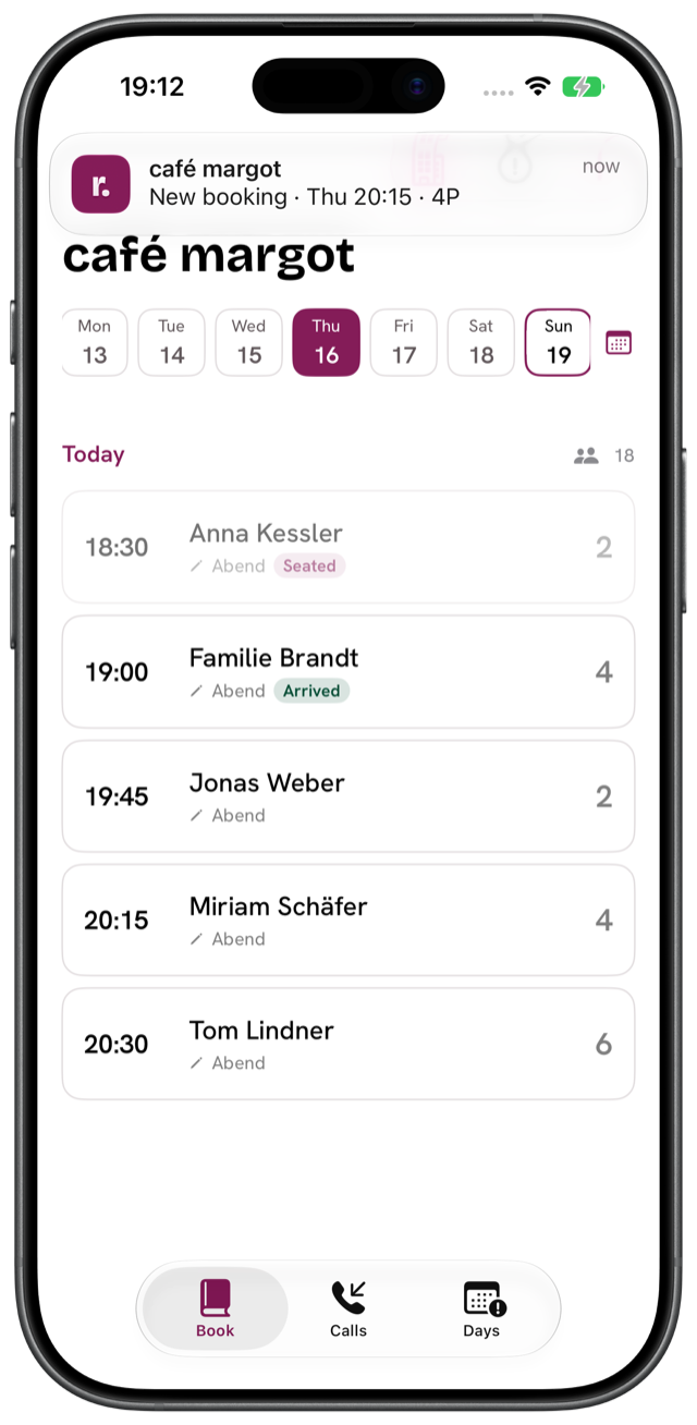 the rabea app on an iPhone: today’s bookings at a glance, a push notification for a new booking arriving on top