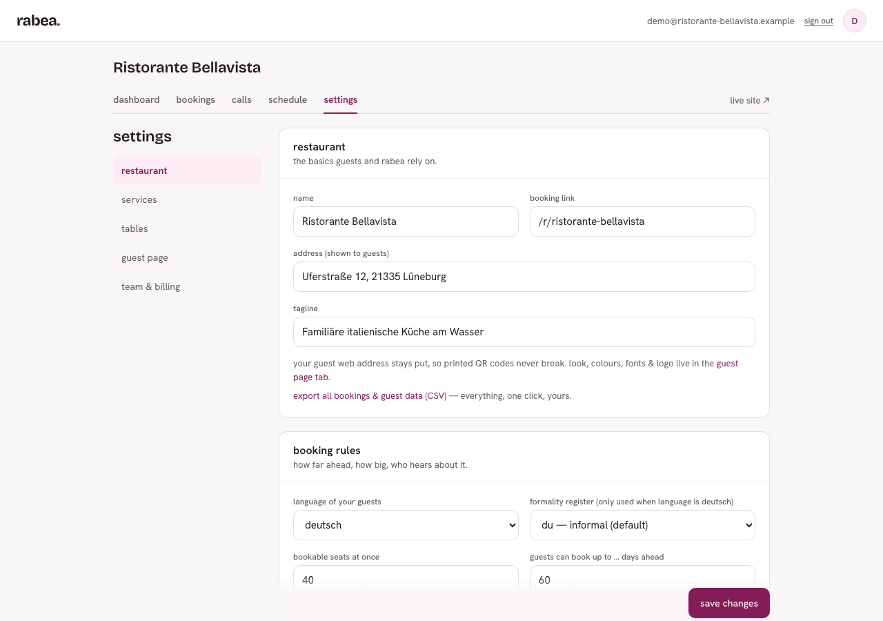 Link „export all bookings & guest data (CSV)" im Bereich restaurant der Einstellungen