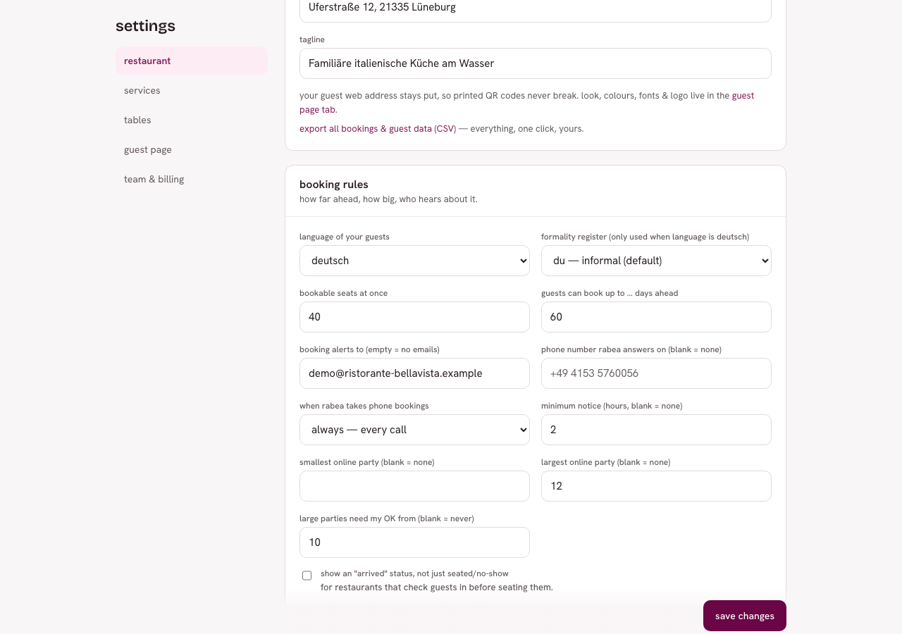 Bereich „booking rules" mit Sprache, Anrede, Kapazität, Vorlauf, Telefonverhalten und Gruppengrößen