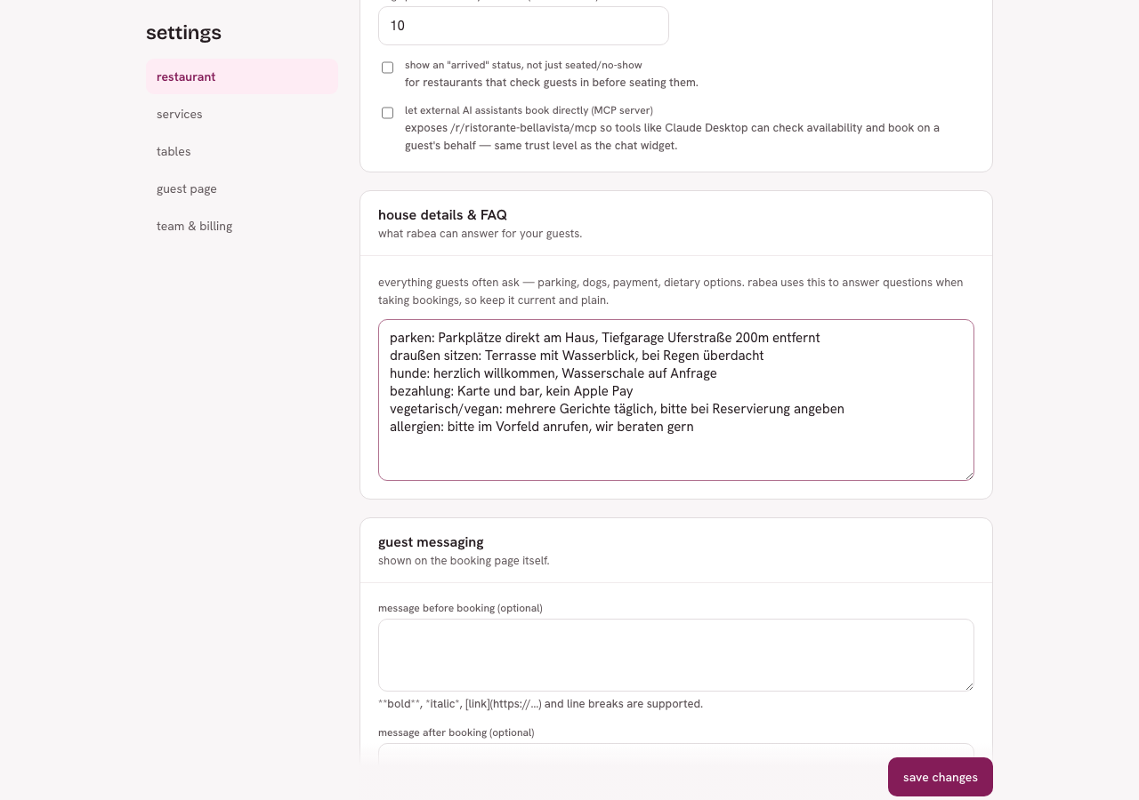 Bereich „house details & FAQ" mit dem Freitextfeld und dem Button „start from the template"