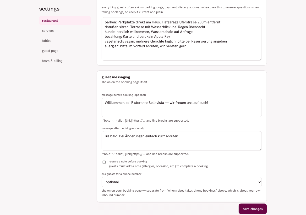 Bereich „guest messaging" mit Nachricht vor und nach der Buchung sowie den Feldern für Notiz- und Telefonpflicht