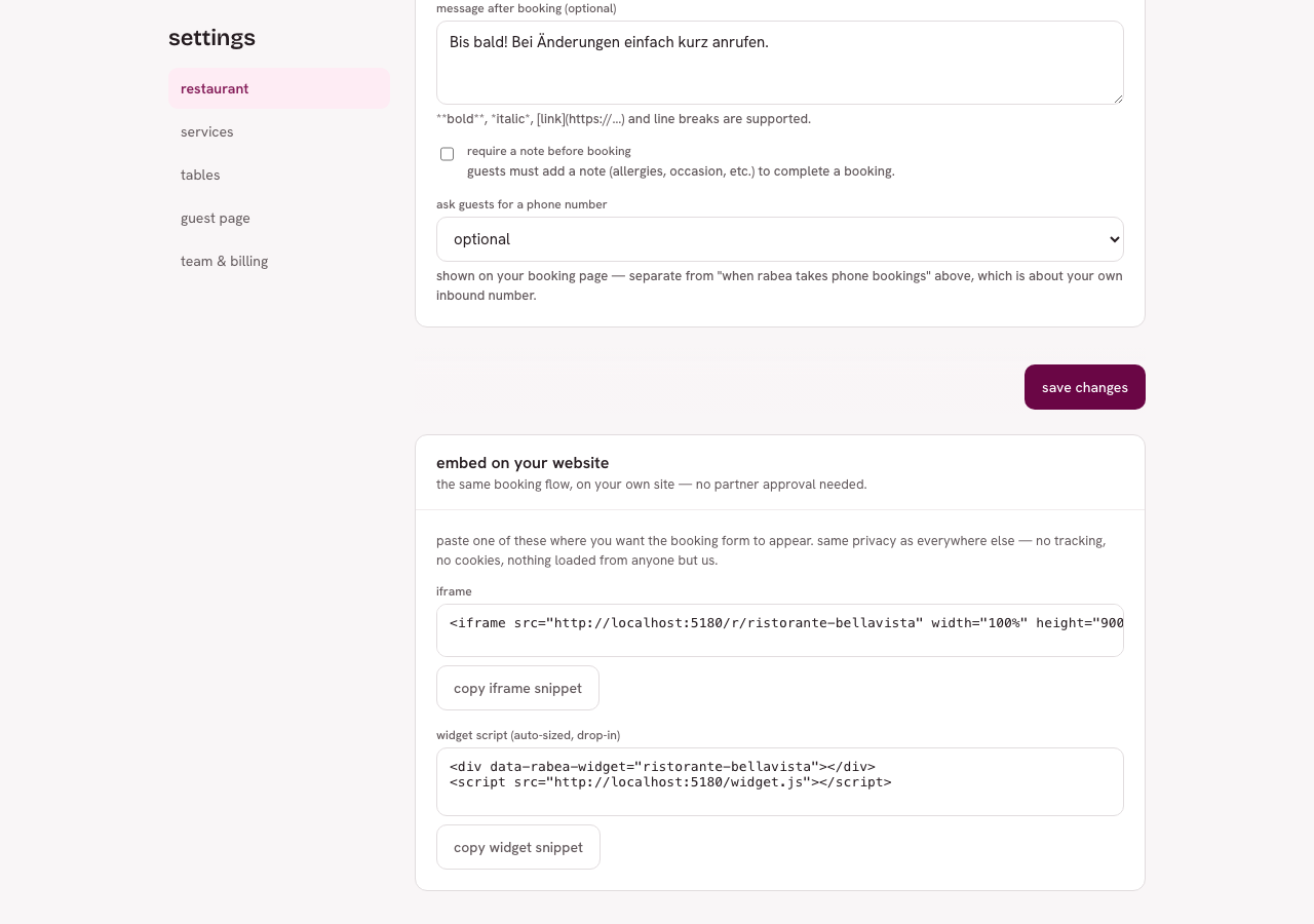 Bereich „embed on your website" mit fertigem iframe-Code und Widget-Script zum Kopieren