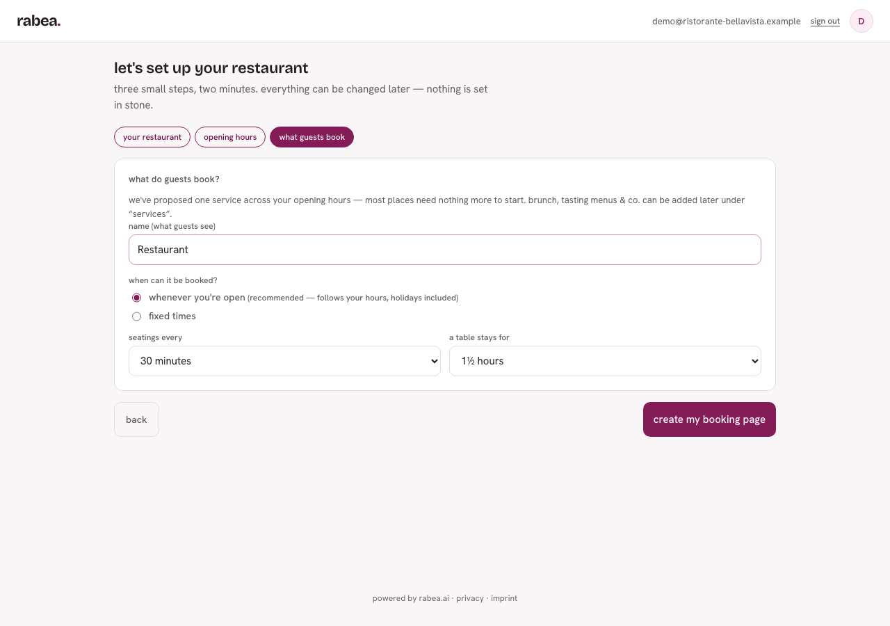 Einrichtungsassistent, Schritt „what guests book" mit Namen, Buchbarkeit, Sitzungstakt und Tischdauer