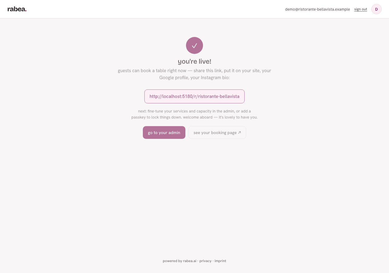 Erfolgsseite „you're live!" mit dem Buchungslink und den Buttons „go to your admin" und „see your booking page"