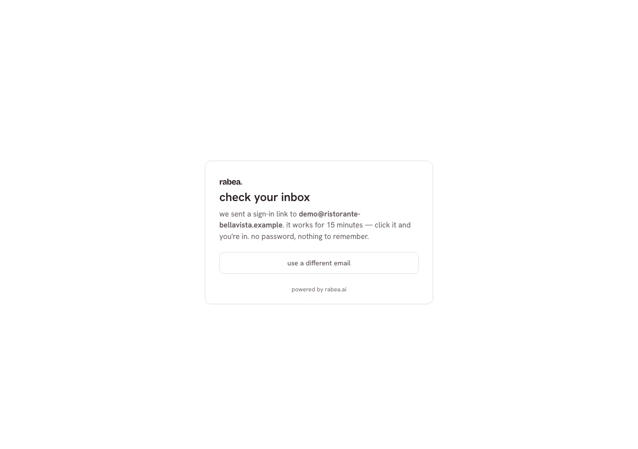 Bestätigungsseite „check your inbox" mit dem Hinweis, dass der Link 15 Minuten gültig ist
