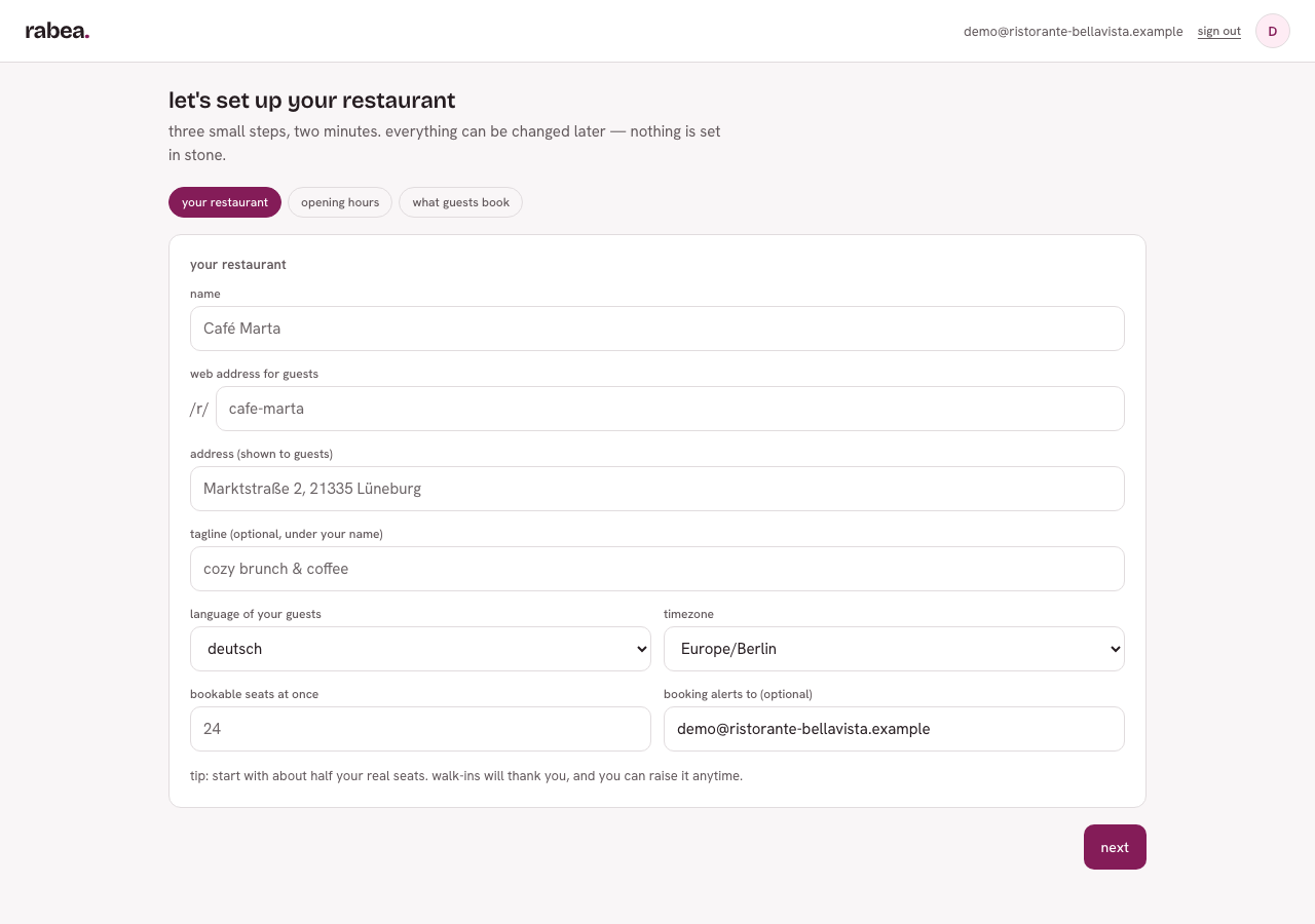 Einrichtungsassistent nach dem ersten Klick auf den Anmelde-Link, hier für ein Konto ohne bestehendes Restaurant